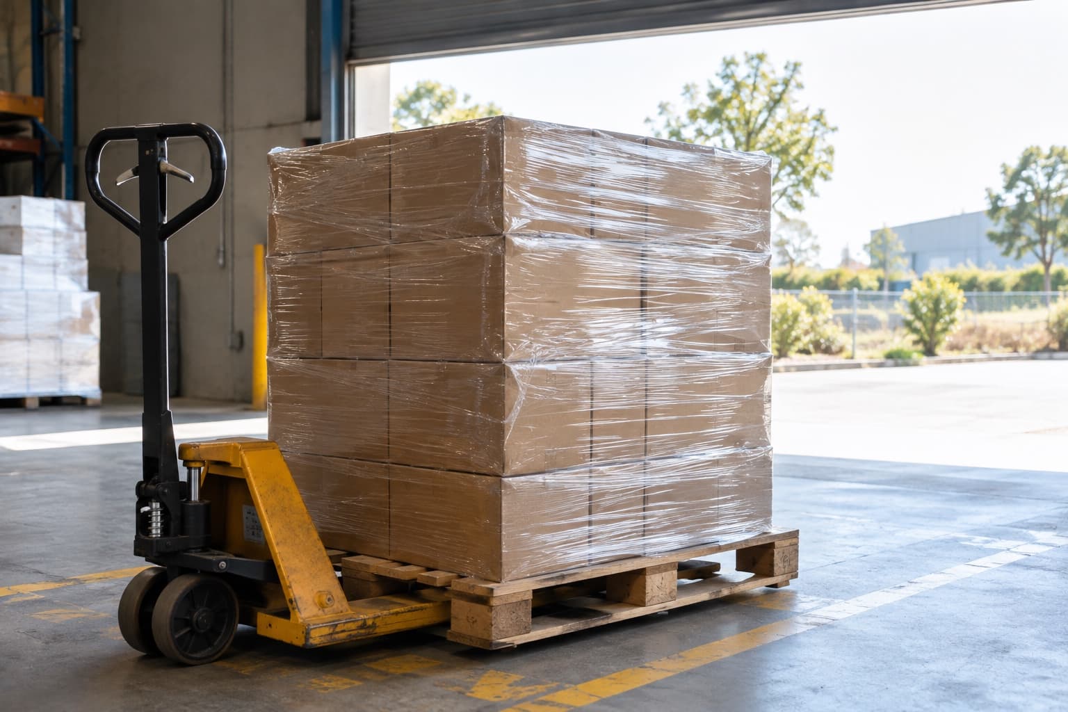 A wrapped pallet of cartons on a pallet jack in a loading bay