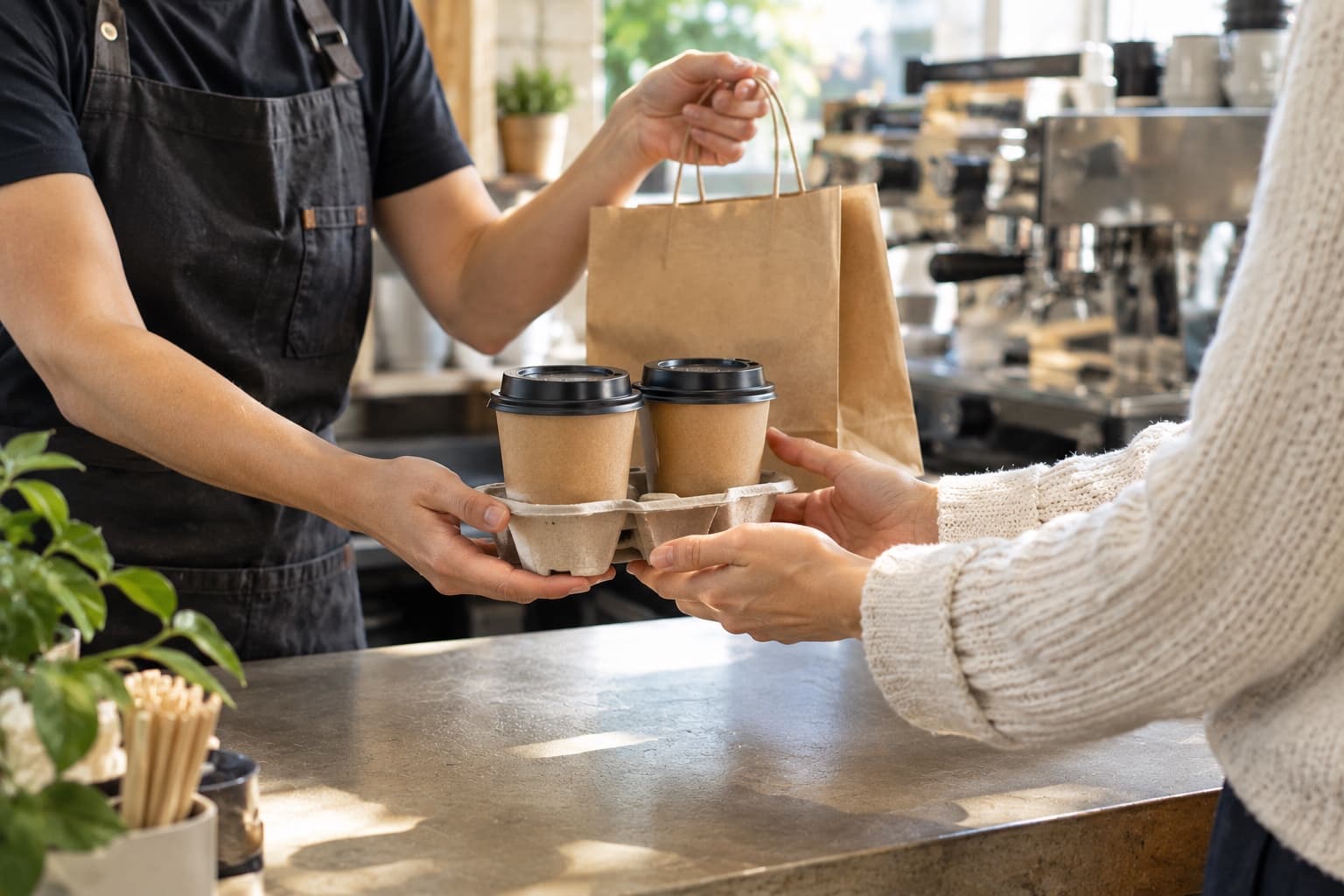 A takeaway order in branded containers being handed across a cafe counter