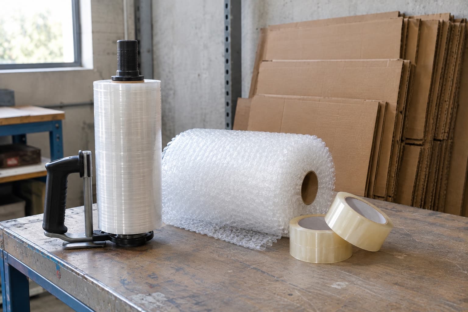 Rolls of stretch film, packing tape and flat-packed cartons on a dispatch bench